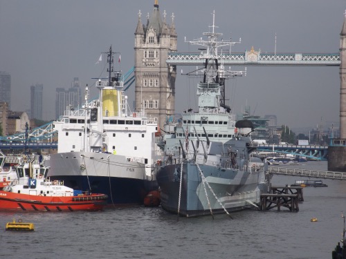 RMS St Helena is alongside HMS Belfast until Friday